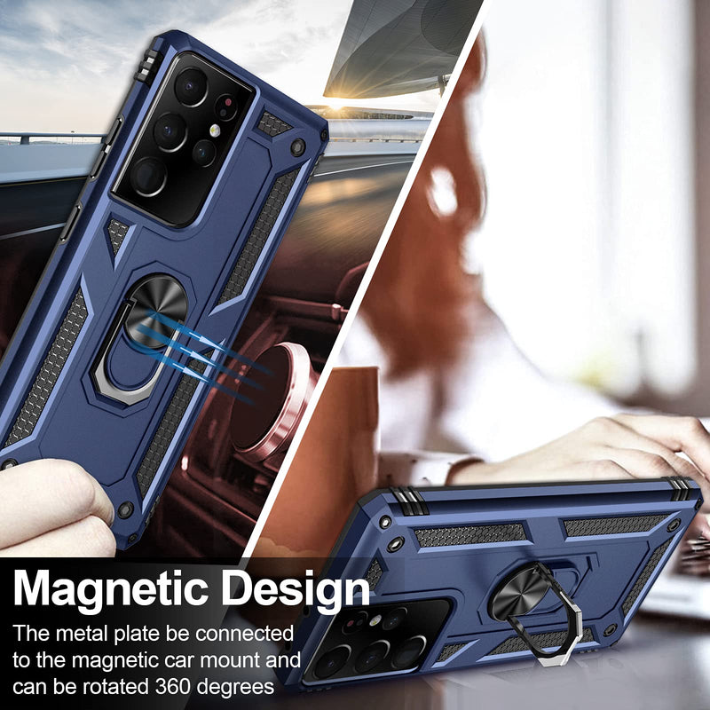 [3 Pack] S21 Ultra 5G Case for Samsung Galaxy S21 Ultra Case 360 Magnetic Kickstand Ring Holder Cases with Clear Slim Silicone Case, Heavy Duty Tough Military Armor Samsung S21 Ultra Phone Case Blue