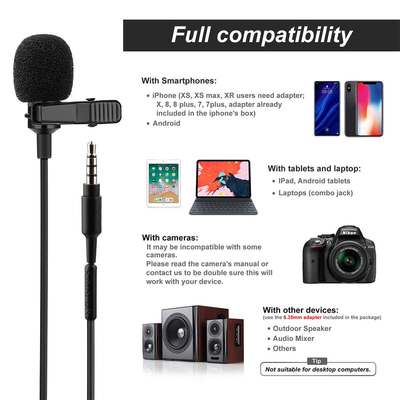 [AUSTRALIA] - Lavalier Lapel Microphone, KIMAFUN 3.5mm Clip-on Omnidirectional Condenser Microphone for Smartphone, Canon/Nikon Camera, Camcorder, iPhone, Android, Laptop, PC, Recording, YouTube, 4013-Single Black 