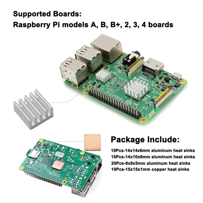 WeiMeet 50 Pieces Heatsinks Aluminum Copper Heatsinks Cooler with Thermal Conductive Adhesive Tape for Raspberry Pi B B+ 2/3/4