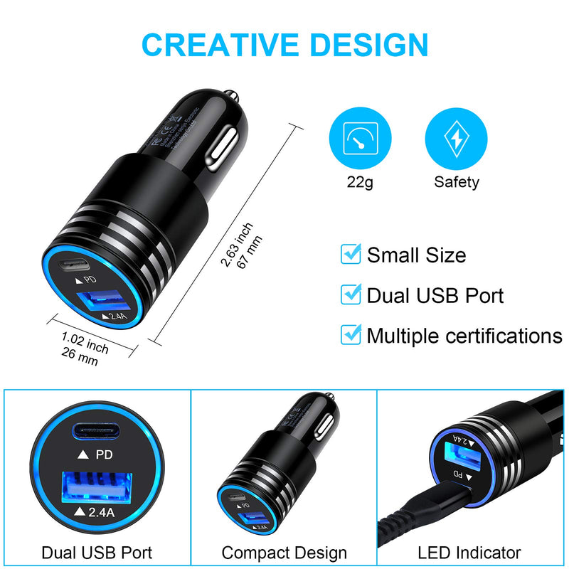 Sidpro USB C Fast Car Charger for Samsung Galaxy S21+ S21 Ultra S20 FE A20 A10E A21 A11 A51 A71 A01 S10E Note 20 Ultra,30W PD 3A+2.4A Dual Port Car Adapter for Google Pixel 5 4A 3A 2 XL, USB C Cable PD Car Charger Kit（Black）