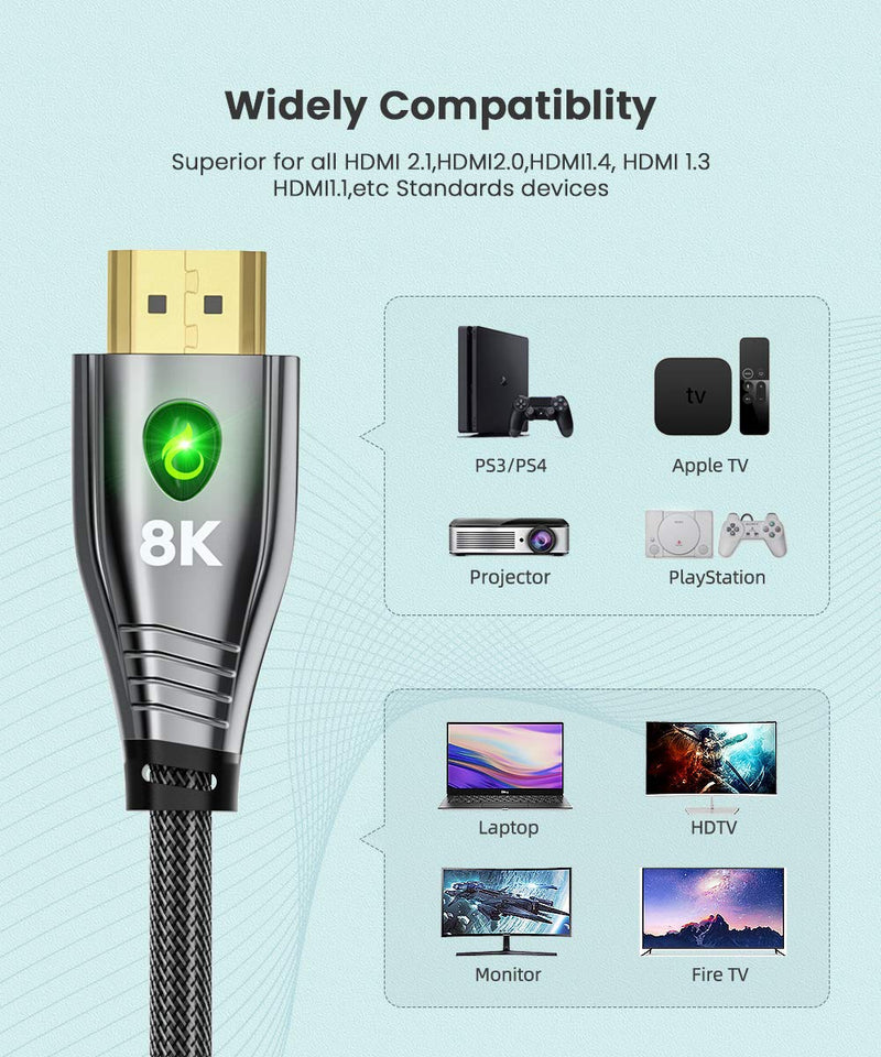 8K HDMI 2.1 Cable 3Ft,Ultra High Speed 48Gbps 8K@60Hz 4K@120Hz@144Hz DSC,HD UHD Compatible with Apple TV Roku PS5/PS4/PS3 Xbox One X/Series X Samsung QLED 8K Q8/Q9 Sony Z8H/Z9G LG OLED ZX/99/Z9 3 FT