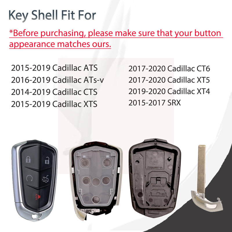 Key Fob Shell Case Replacement Fits for Cadillac ATS ATS-v CTS CT6 XTS XT5 XT4 SRX 2014 2015 2016 2017 2018 2019 Keyless Entry Remote Control 5btn Pad Cover