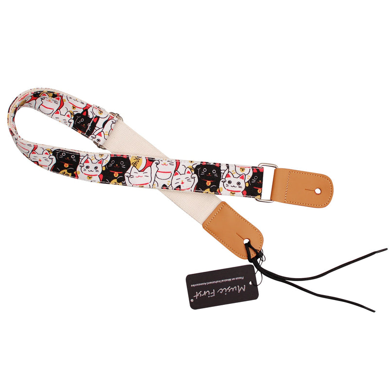 MUSIC FIRST Original Design “Fortune Cats (Maneki Neko)” Soft Cotton & Genuine Leather Ukulele Strap Ukulele Shoulder Strap