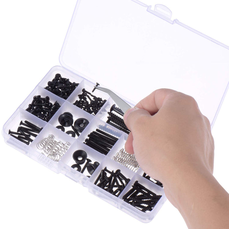 Canomo 254 Pieces Electric Guitar Screw Kit (9 Types) with Springs for Electric Guitar Bridge, Pickup, Pickguard, Tuner, Switch, Neck Plate, Guitar Strap Buttons and A Elbow tweezers, Black
