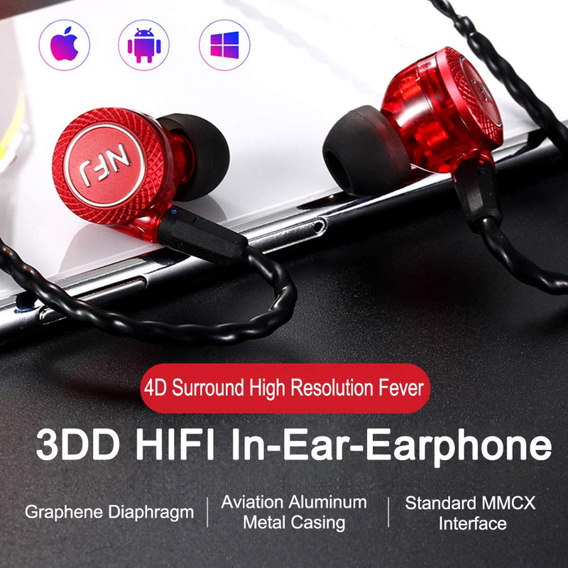 hellodigi N300 PRO in Ear Earphone, 3 Dynamic Driver Earbuds with Microphone, Detachable MMCX Cable Headsets, Heavy bass Recommended (Red with Microphone)