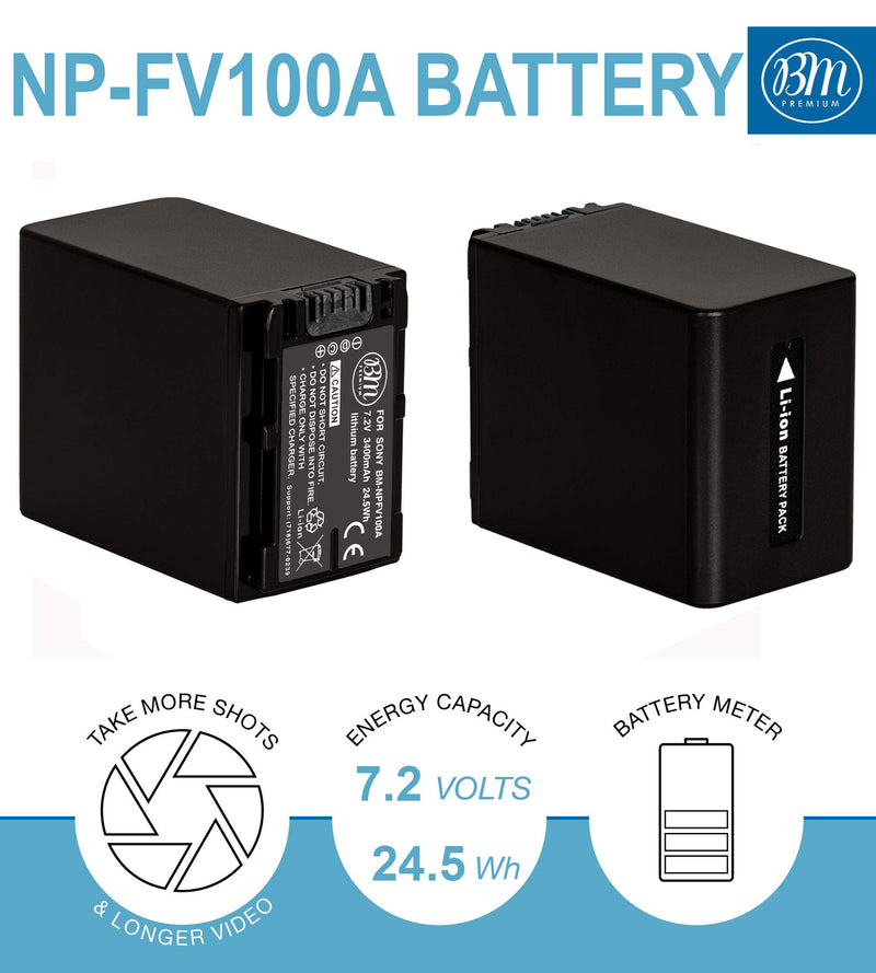 BM Premium 2 NP-FV100A High Capacity Batteries and Charger for Sony FDR-AX30 FDR-AX33 FDR-AX53 FDR-AX700 FDR-AX100 FDR-AX35 HXR-MC50 HXR-MC88 HX-RNX80 PXW-Z90V NEX-VG10 VG20 VG30 NEX-VG900 Camcorders