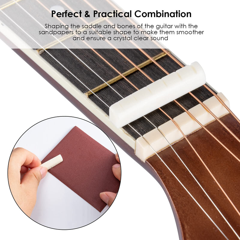 Qoosea 2Pack Acoustic Guitar Nut Acoustic Guitar Bridge with 6Pcs Sand Paper Carved Cattle Bone Acoustic Guitar Saddle for 6 Strings Folk Acoustic Guitar