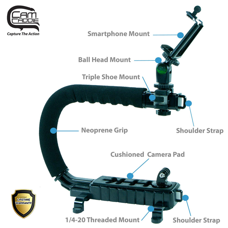 [AUSTRALIA] - Cam Caddie Scorpion Jr Triple Shoe Camera Stabilizer Bundle – Stabilizing Steadicam Handle with Cold Shoe Mount for Camcorders and Smartphones - Black - Action Edition 