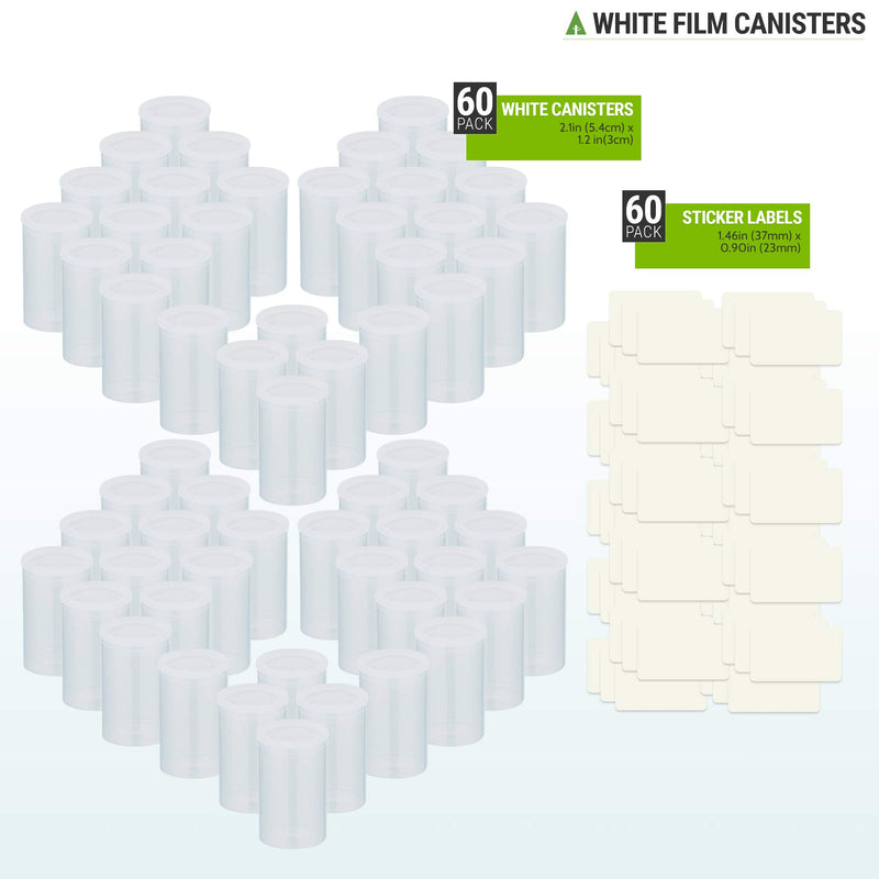 Firgus Film Canisters 60 Pack White with Caps for Rockets Plastic Empty Container for 35mm Camera Film Roll or Science Experiments with Bonus Pack of 60 White Labels