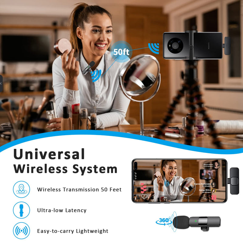 Professional Wireless Lavalier Lapel Microphone for Android Computer - Cordless Omnidirectional Condenser Recording Mic with USB C Interface for Interview Video Podcast Vlog YouTube Black