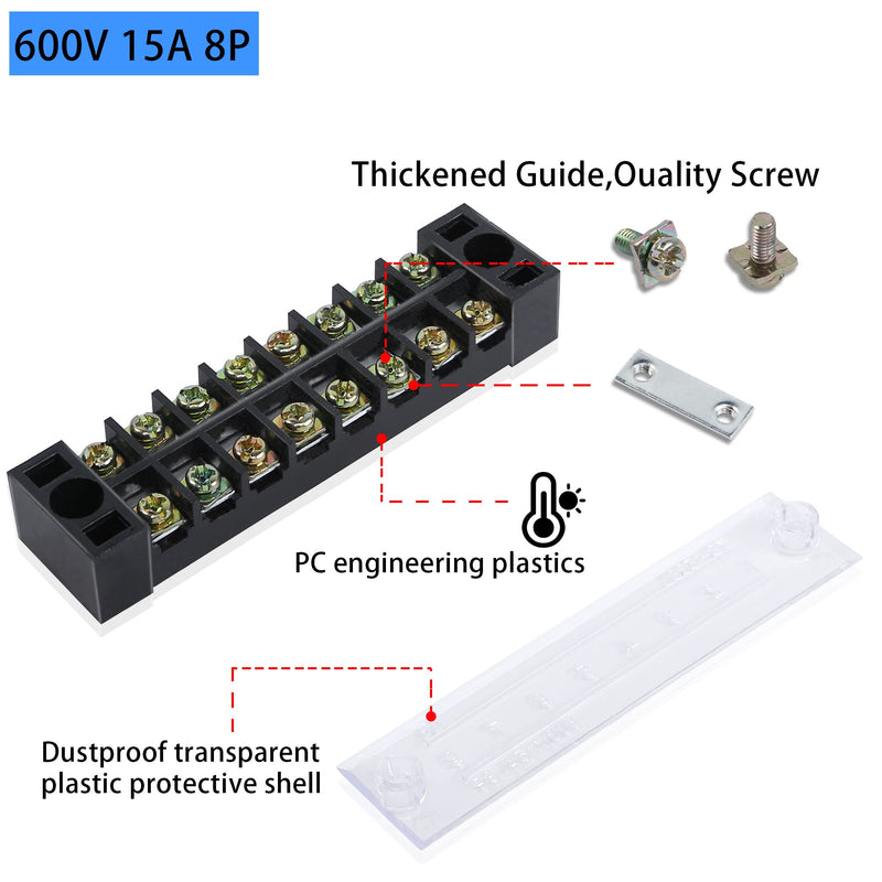 PNGKNYOCN 8 Positions Dual Rows 600V 15A Barrier Screw Terminal Strip Block with Cover TB-1508（5-Pack ）