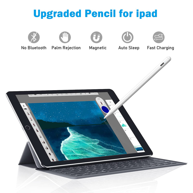 Pencil Stylus for Newest iPad 8th Generation，Palm Rejection Stylus Pen Compatible with iPad Pro 11 inch/iPad Pro 12.9 inch 3rd 4th Gen/iPad 6th 7th Gen/iPad Mini 5th Gen/iPad Air 3rd Gen (White) White