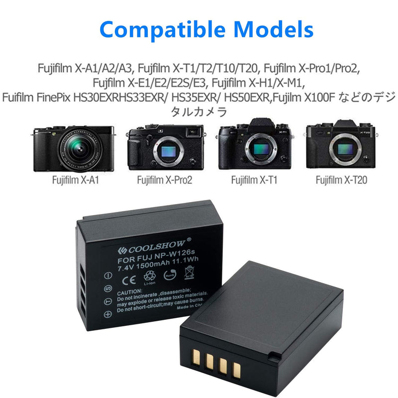 CS COOLSHOW NP-W126 Battery 2 Packs 1500mAh and USB Dual NP-W126S Charger Compatible with Fuji X-T3, X-T2, X-T1,Fujifilm X-A5,X-E3,X-E2,X-E1, X100F,X-H1,X-M1,X-Pro2,X-Pro1,X-T20,X-T10