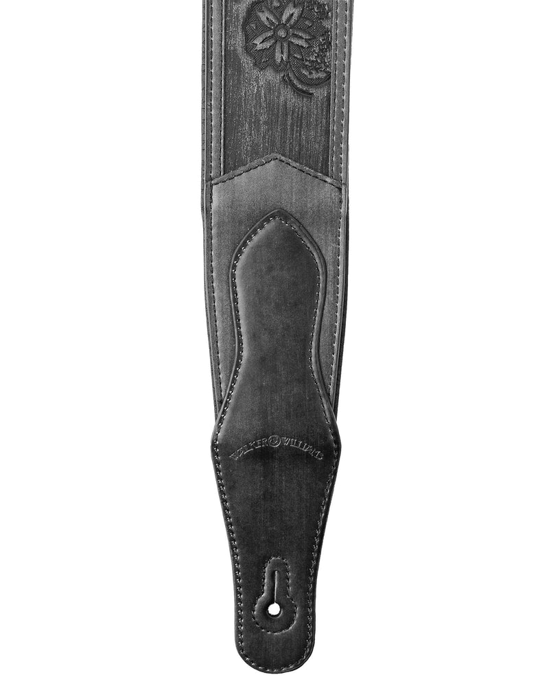 Walker & Williams LIE-12 “Weathered” Black Leather Padded Guitar Strap with Embossed Tooling