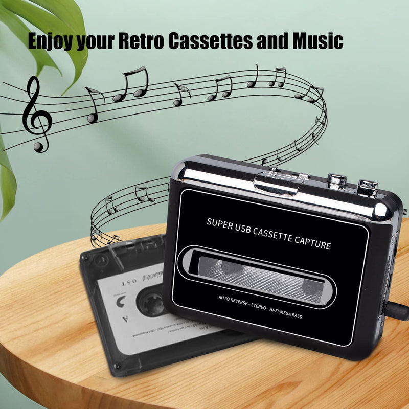 [AUSTRALIA] - PETELLA Portable Cassette Player USB Cassette Tape Player Captures Mp3 Audio Music, Cassette to Mp3 Converter Compatible with Laptops and Personal Computers Black-1 