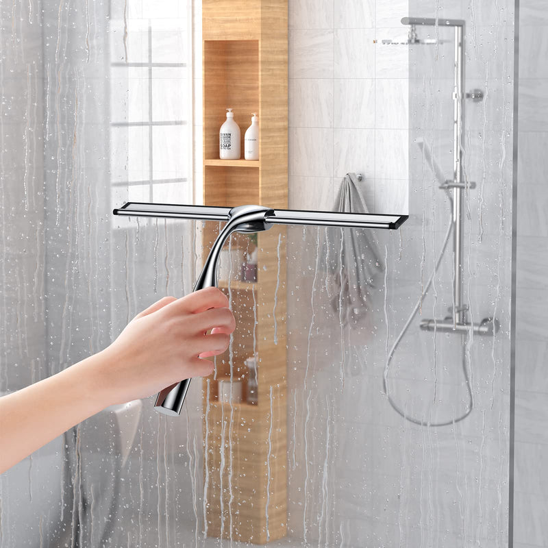 Shower Squeegee for Glass Door 12-Inch Stainless Steel Bathroom Squeegee Window Wiper, Includes Shower Door Hook, Adhesive Hook, and Spare Silicone Blade for Window Mirror Car All-Purpose Squeegee Silver