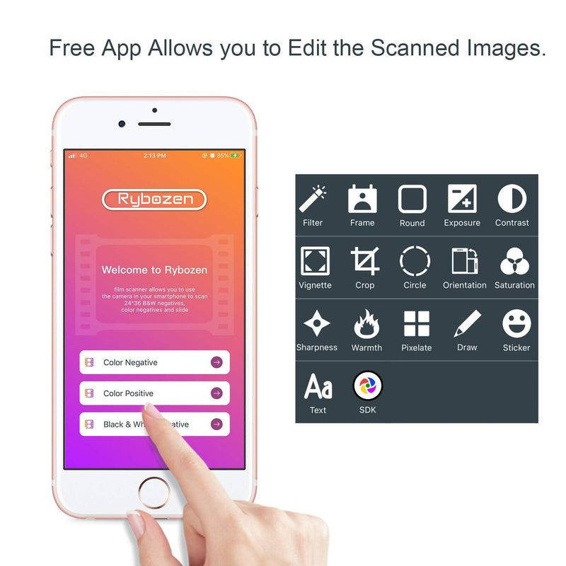 Rybozen Mobile Film and Slide Scanner, FILM to JPEG，Converts 35mm Slides & Negatives into Digital Photos with Your Smartphone Camera, LED Lighted Illuminated Viewing,Foldable White