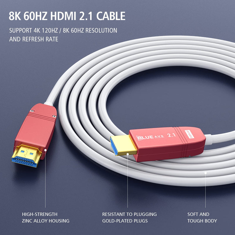 BlueAVS 8K HDMI 2.1 Fiber Optic Cable 50FT 48gbps 8K60Hz 4K120Hz Dynamic HDR eARC HDCP2.3 8K_50FT_WhiteCable RedHousing