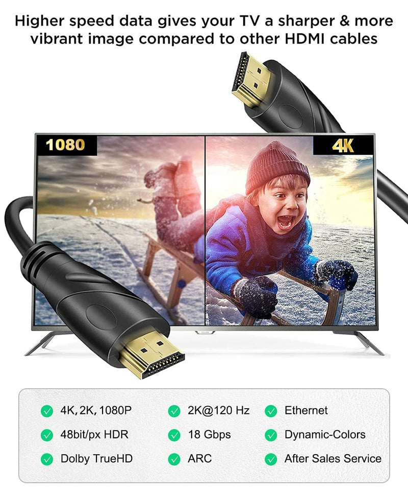 4K HDMI Cable - Rommisie (HDMI 2.0,18Gbps) Ultra High Speed Gold Plated Connectors,Ethernet Audio Return,Video 4K,FullHD1080p 3D Compatible with Xbox Playstation Arc PS3 PS4 PS9 PC HDTV (6.6FT, Black) 6.6FT