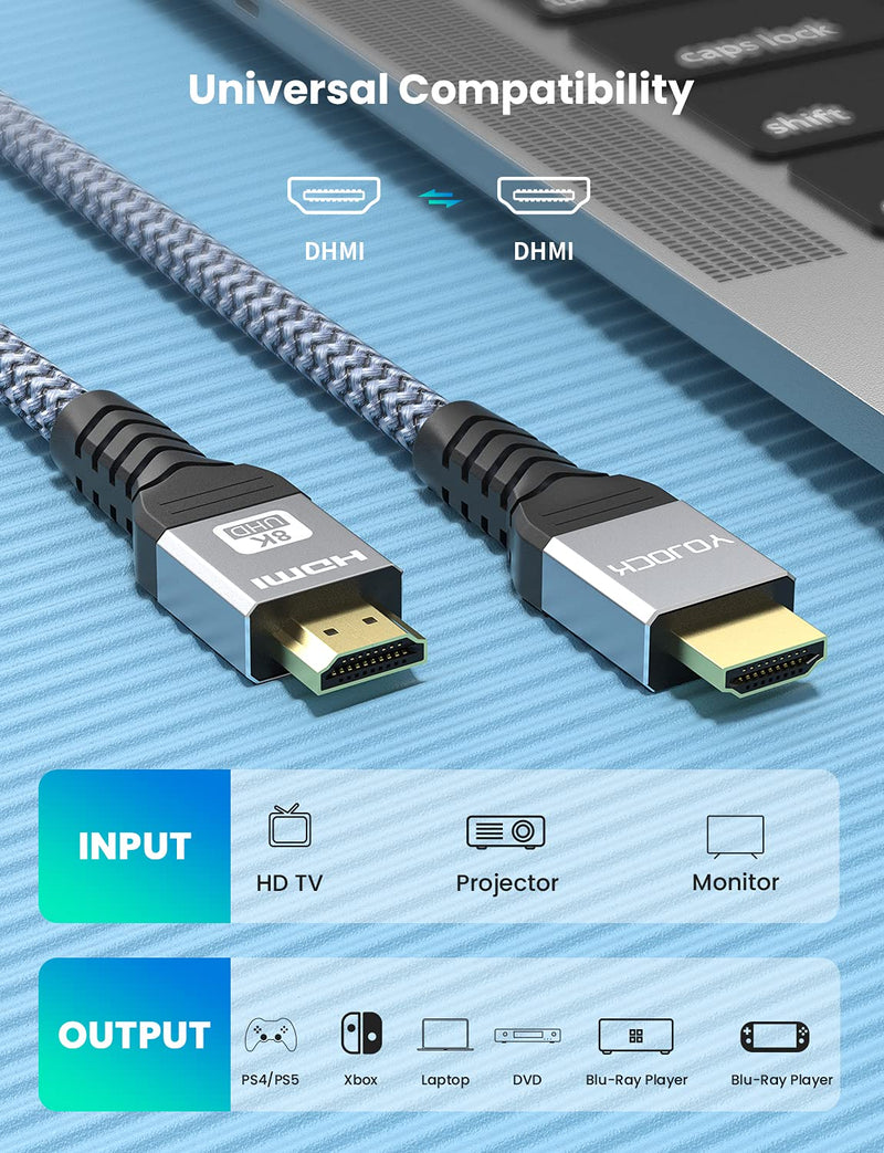 8K HDMI 2.1 Cable 10FT/3M, YOJOCK 8K@60Hz/4K@120Hz High Speed 48Gbps Long HDMI Cable, DTS:X, HDCP 2.2 & 2.3, HDR 10 Compatible with PS5/PS4/HDTV/Blu-ray, Ethernet, 3D, Audio Return(ARC) (10FT)