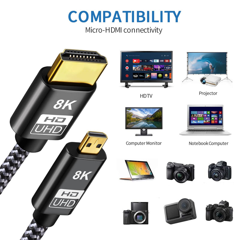 Micro HDMI to HDMI 2.1 8K Cable 5FT, Ultra High Speed 8K@60Hz 4K@120Hz 48Gbps HDMI Cord Compatible with Digital Cameras, Camcorders, Tablets (5) 5.0 Feet