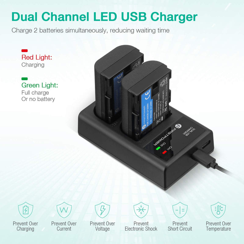FirstPower LP-E6NH High Capacity Batteries and USB Dual Charger for Canon EOS R, R5, R6, 90D, 5D Mark II/III/IV, 5Ds, 6D, 6D Mark II, 7D, 7D Mark II, 60D, 70D, 80D Cameras