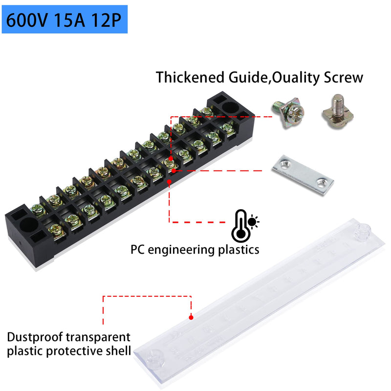 [AUSTRALIA] - PNGKNYOCN 12 Positions Dual Rows 600V 15A Barrier Screw Terminal Strip Block with Cover TB-1512（4-Pack ） 