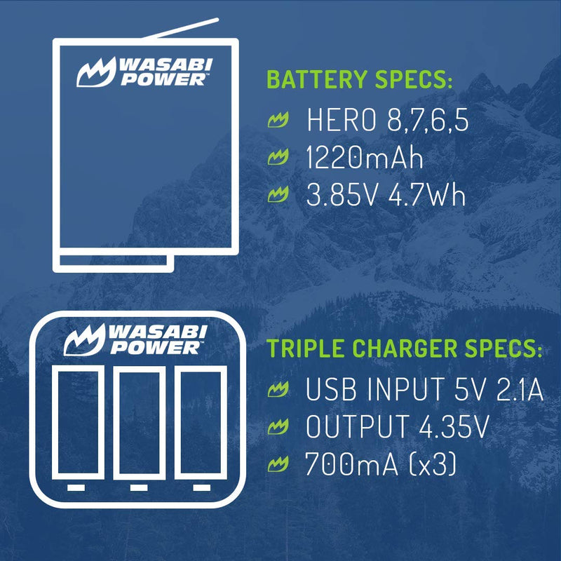 Wasabi Power HERO8 Battery (2-Pack) and Dual Charger for GoPro Hero 8 Black (All Features Available), Hero 7 Black, Hero 6 Black, Hero 5 Black, Hero 2018, Fully Compatible with Original