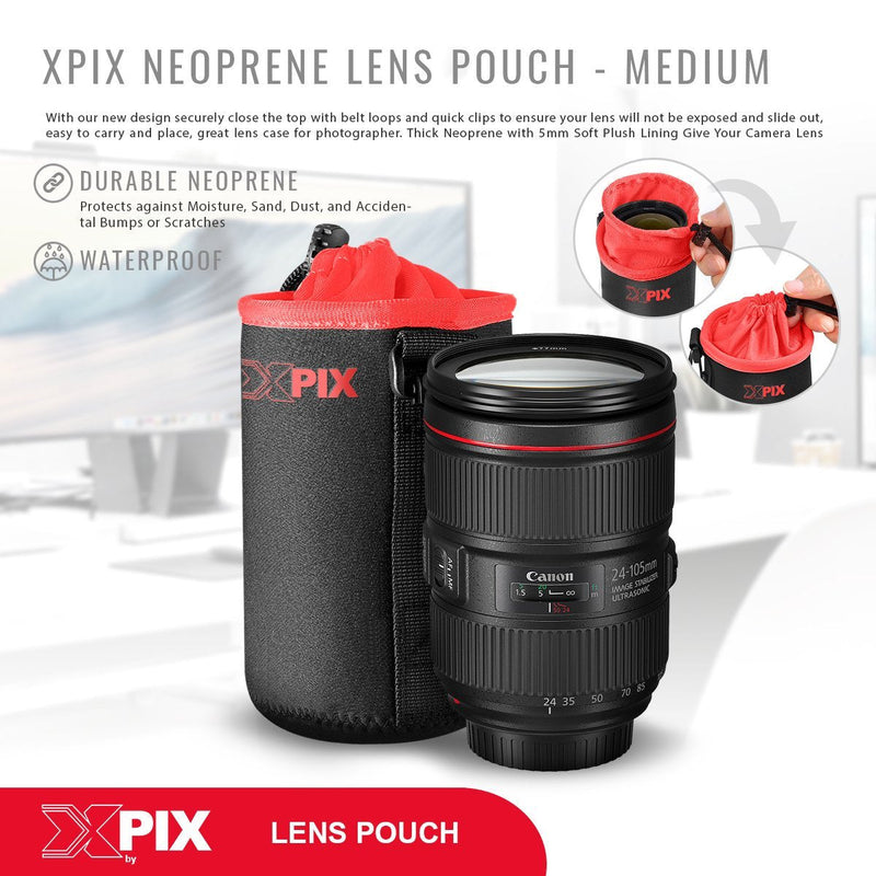 Xpix Deluxe Protector Neoprene DSLR Lens Pouch Kit (4 Pack) for Canon, Nikon, Pentax, Sony, Olympus, Panasonic, and More with Small, Medium, Large, Extra Large Pouches & Fibertique Cloth