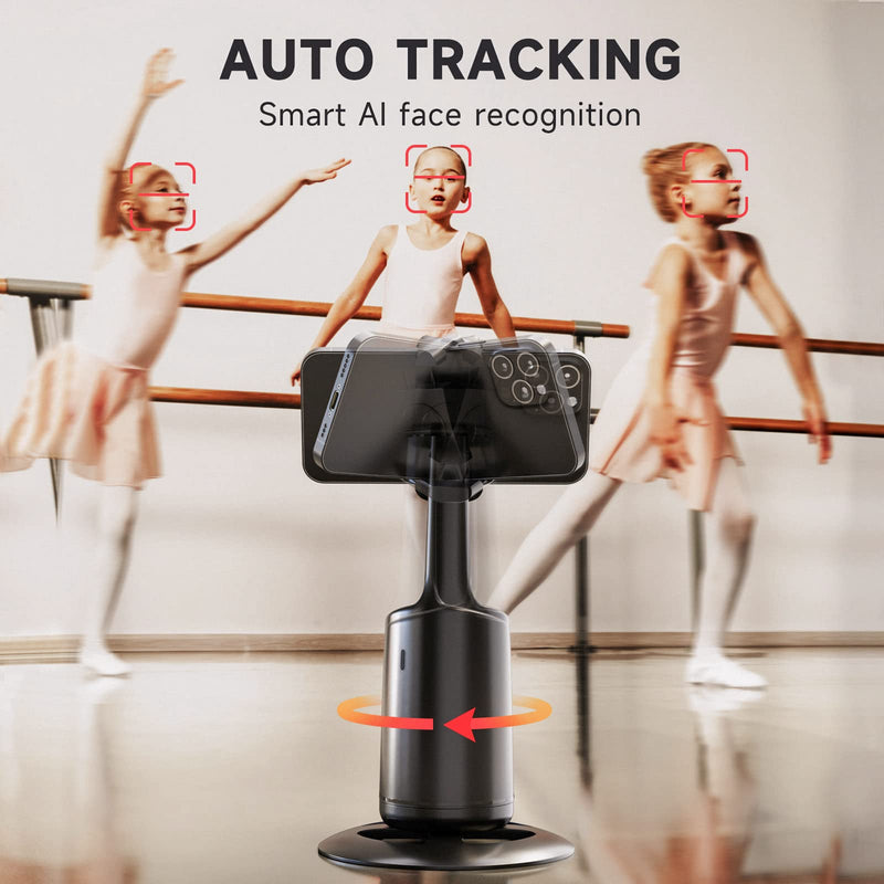 Auto Face Tracking Tripod - 360° Rotation Auto Tracking Phone Holder, No App, Phone Camera Mount with Remote and Gesture Control, Rechargeable Smart Shooting Holder for Video Recording, Tiktok Black