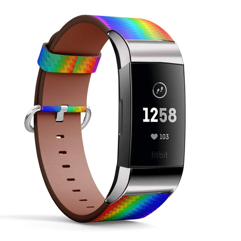 Compatible with Fitbit Charge 3 & 3 SE - Leather Wristband Bracelet Replacement Accessory Band (Includes Adapters) - Vertical Zigzag Chevron Rainbow