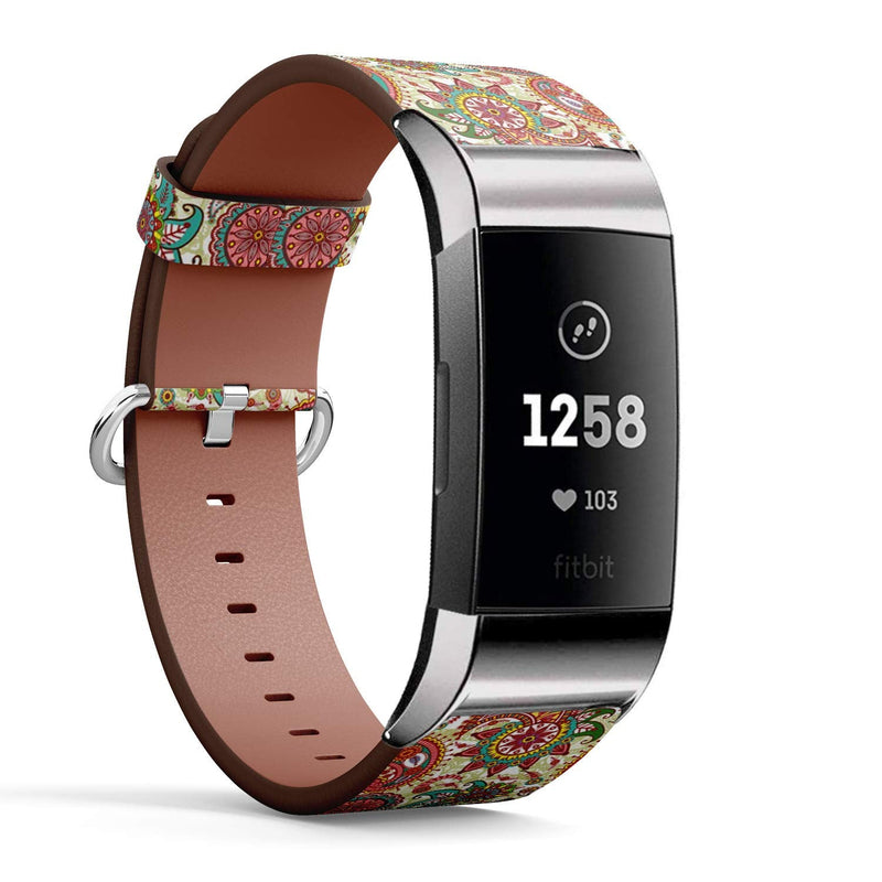 Compatible with Fitbit Charge 4 / Charge 3 / Charge 3 SE - Leather Watch Wrist Band Strap Bracelet with Stainless Steel Adapters (Paisley Flowers)