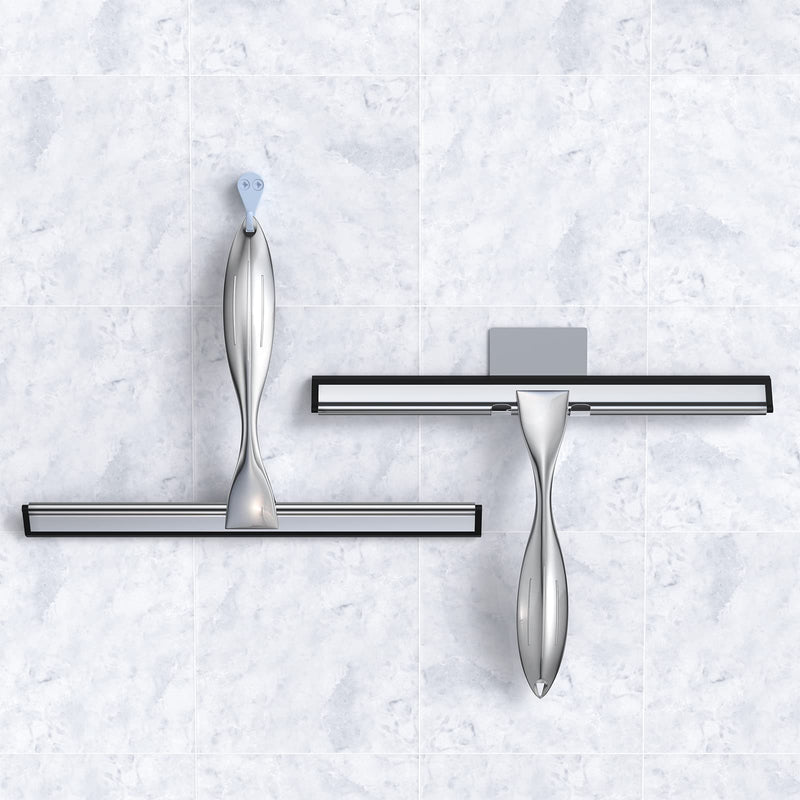 Shower Squeegee Set, 10-Inch Stainless Steel Squeegee for Bathroom, Shower Doors, Mirrors, Tiles, and Car Windows - 100% Streak Free, Includes Shower Door Hook, Adhesive Hook and Spare Silicone Blade Silver