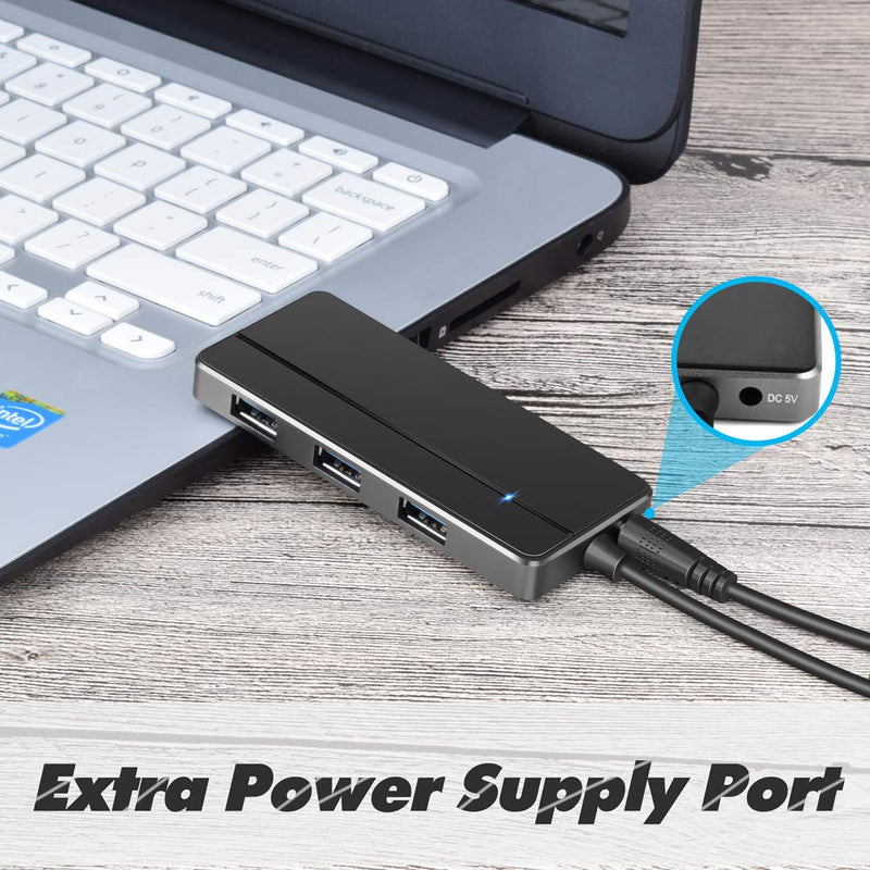 Ultra Slim USB Hub, Aiibe 4-Port USB 3.0 Hub Portable Data Hub Black Aluminum 4-in-1 USB Splitter Powered USB Hub for Laptop, Mac, PC, Mobile HDD, Mulitple Devices