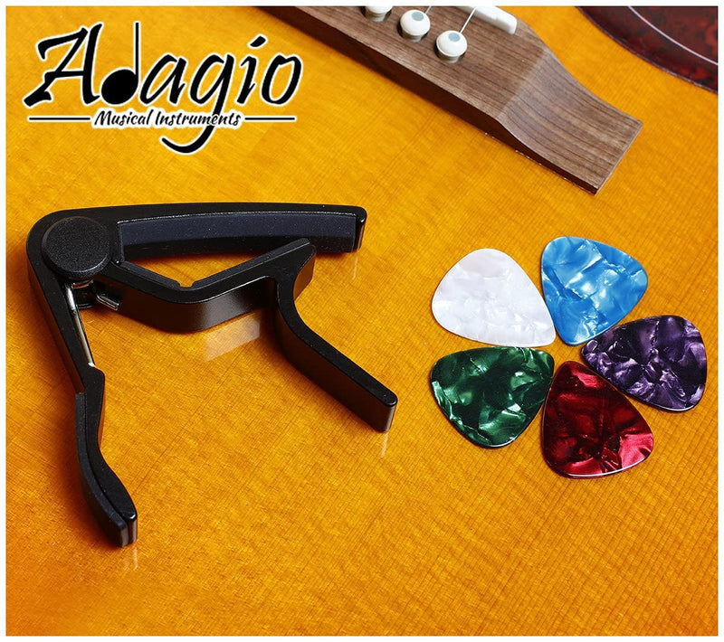 ADAGIO PRO Capo With 5x Free Picks For Acoustic Or Electric Guitars. Accessory Capotastos also suitable for ukulele and banjo strings (Black) Black