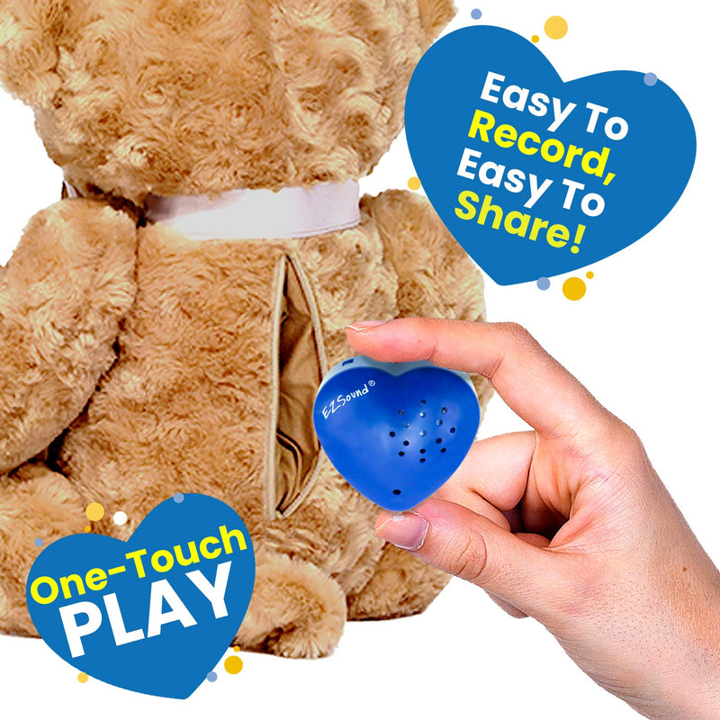 EZSound Teddy Bear Voice Recorder | 2 Pack - 30 Seconds Toy Voice Box for Stuffed Animal | Create Your own Recordable Gifts or Heartbeat Bear | Recording Safe Technology Heart Message Box (Blue) 2Pack - Blue