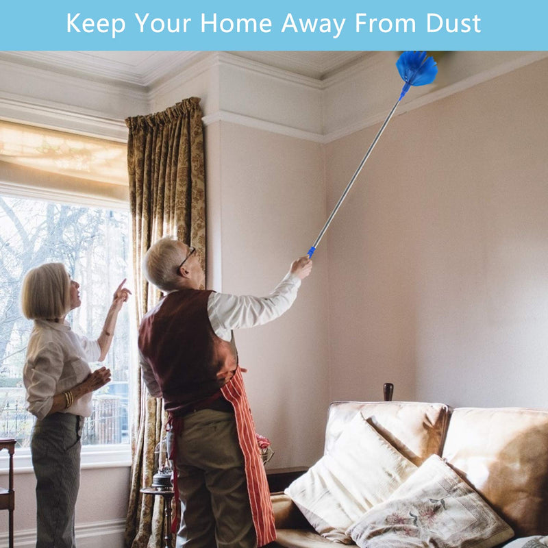 Microfiber Duster, Feather Duster with 100 Inch Telescoping Extension Pole, Reusable Bendable Dusters, Washable Lightweight Dusters for Ceilings Fans [2022 Upgrade] Blue