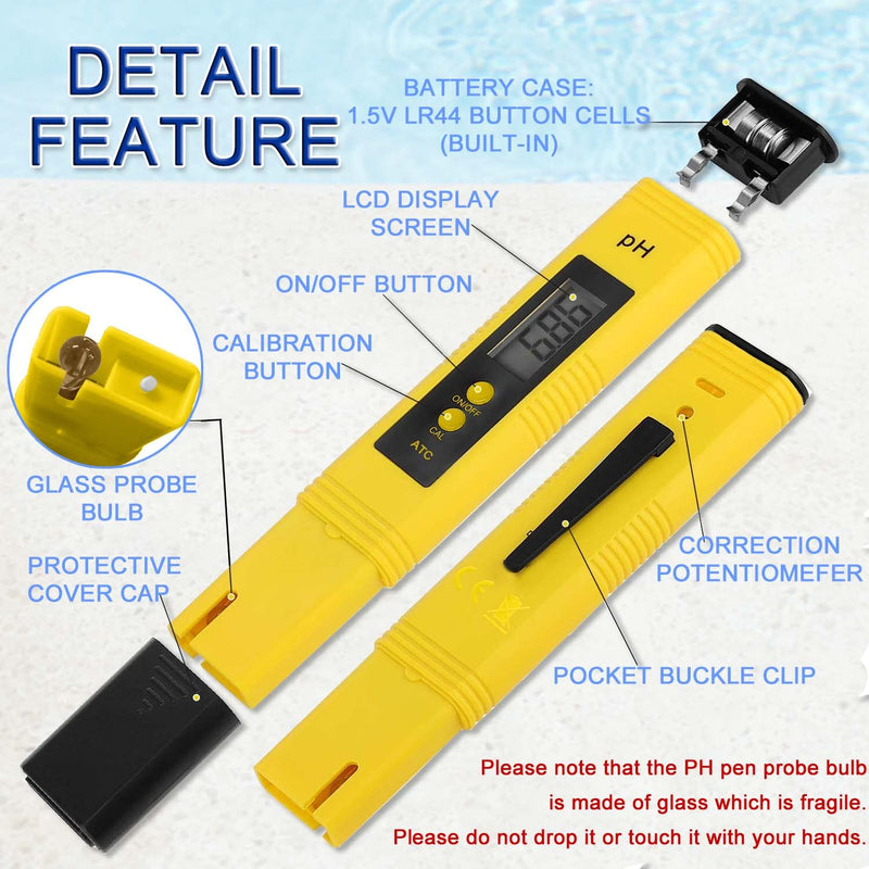 PH Meter Digital Water Tester - PH Water Hydroponics 0.01 High Accuracy Testing Pen Tool with 2 Calibration Packets for Drinking Water, Fish Tank, Hot Tub, 0-14 PH Measurement Range