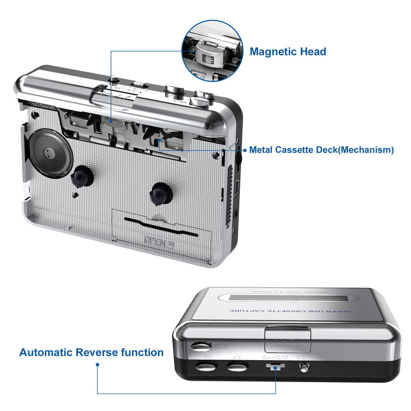 DIGITNOW! Portable Cassette Player/Cassette to MP3 Converter Capture Cassette Tape to MP3/CD Audio via USB SILVER