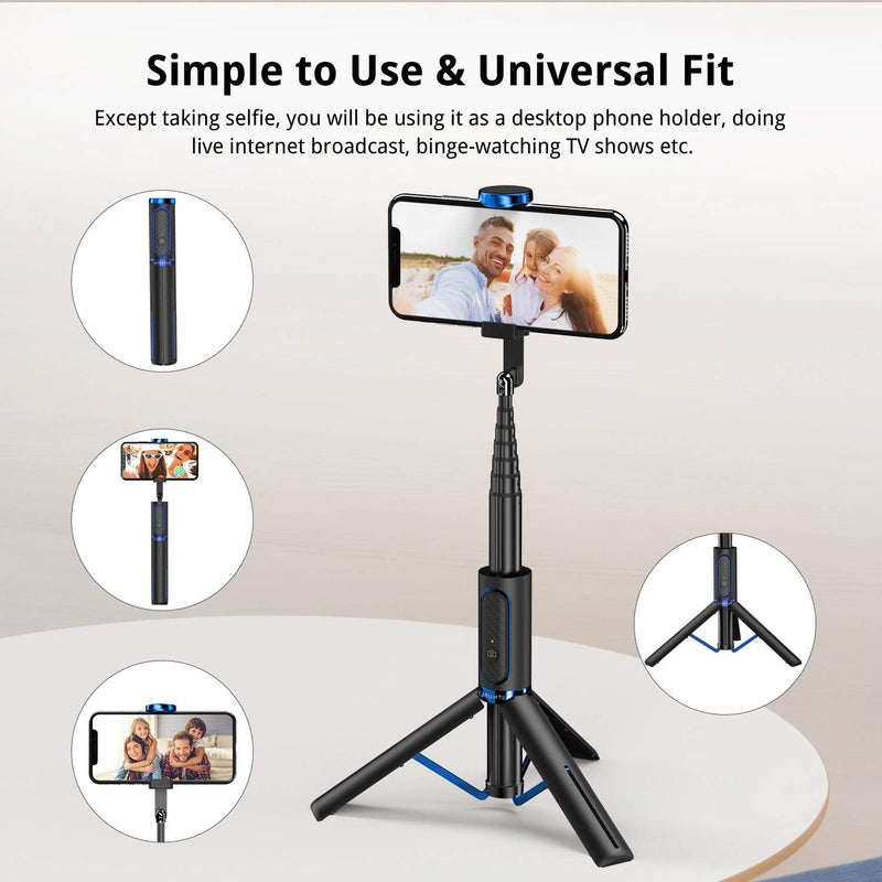 ATUMTEK Bluetooth Selfie Stick Tripod, Extendable 3 in 1 Aluminum Selfie Stick with Wireless Remote and Tripod Stand 270 Rotation for iPhone 13/12/11 Pro/XS Max/XS/XR/X, Samsung and Smartphone Blue