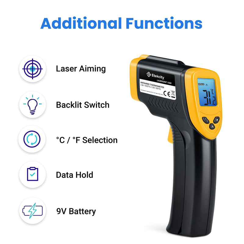 [AUSTRALIA] - Etekcity Infrared Thermometer 1080, Heat Temperature Temp Gun for Cooking, Laser IR Surface Tool for Pizza Oven, Meat, Griddle, Grill, HVAC, Engine, Accessories, -58°F to 1022°F, Yellow Lasergrip 1080 