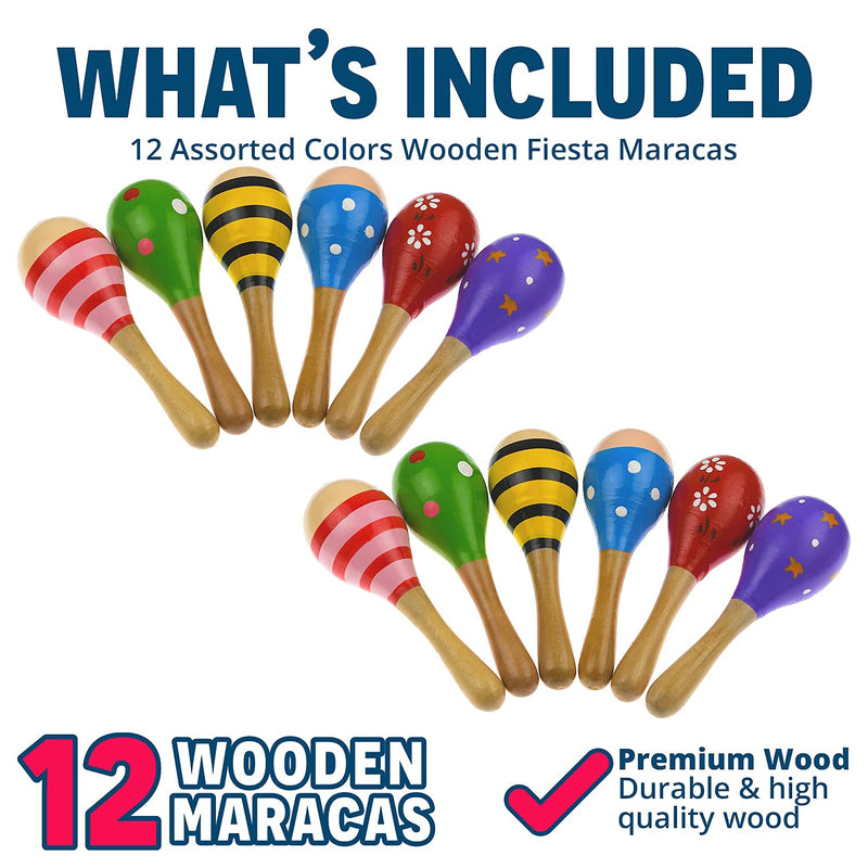 Maracas Mini (5 Inch = 13 cm) Wooden Fiesta Maracas - Pack of 12 - Assorted colors and designs