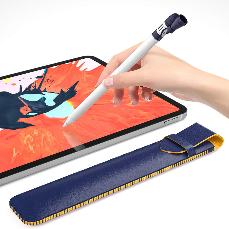 SANKMI for Apple Pencil Accessories，PU Leather Protective Pouch Silicone Pencil Sleeve with Cap Holder and Nib Cover Cable Adapter Tether Compatible with Apple Pencil 1st/2nd Gen (Blue)