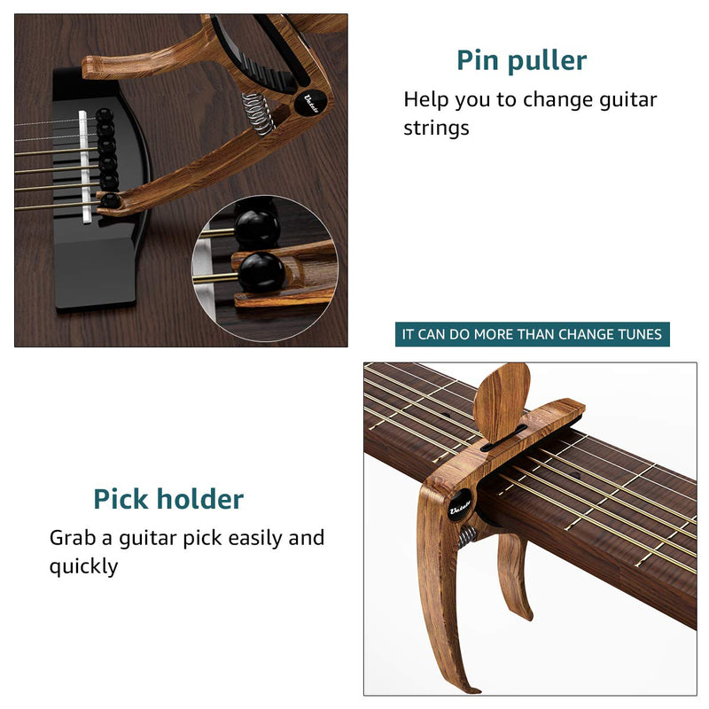 Guitar Capo for Acoustic Electric Guitars Mahagony Grain with Pin Puller, Pick Holder and Two Gray Plastic Guitar Picks with Three Thickness（wood pick not included） wood