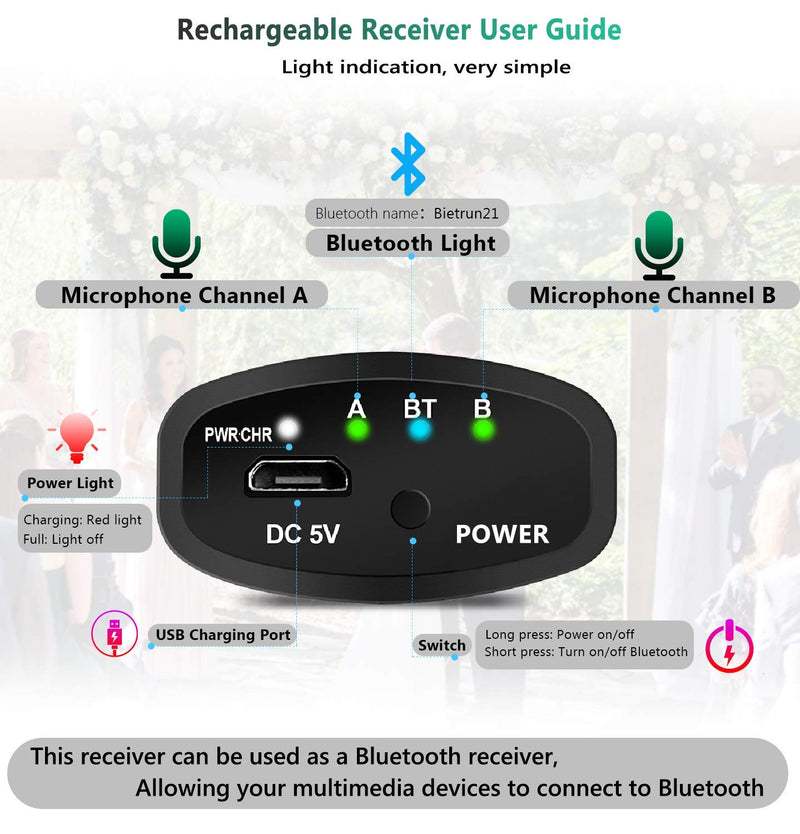 Wireless Microphone with Bluetooth, Professional UHF Dual Handheld Dynamic Metal Mic System Set with Rechargeable Receiver, 160 ft Range, 1/4''Output, for Karaoke Machine, Singing, Amp, PA Speaker