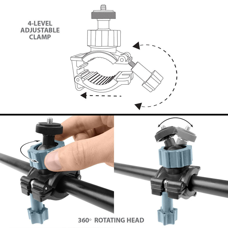 USA GEAR Action Camera Handlebar Mount Roll Bar Mount with Tripod Screw and Action Style Mounting - Fits Bars up to 1.5 Inches - Compatible With GoPro Hero10 Black, Hero Series, Dragon Touch, and more