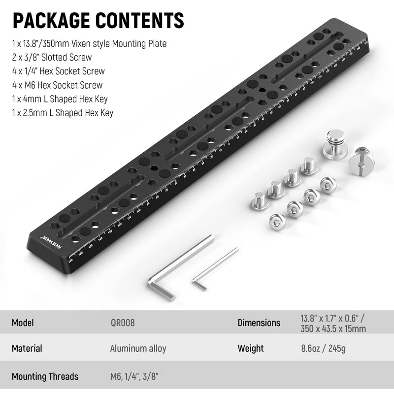 NEEWER 13.8"/350mm Rail Bar Vixen Style Dovetail Plate, Metal Mounting Plate Saddle with M6 1/4" 3/8" Camera Screw for Telescope Mount Adapter OTA Equatorial Tripod Sky Astrophotography, QR008