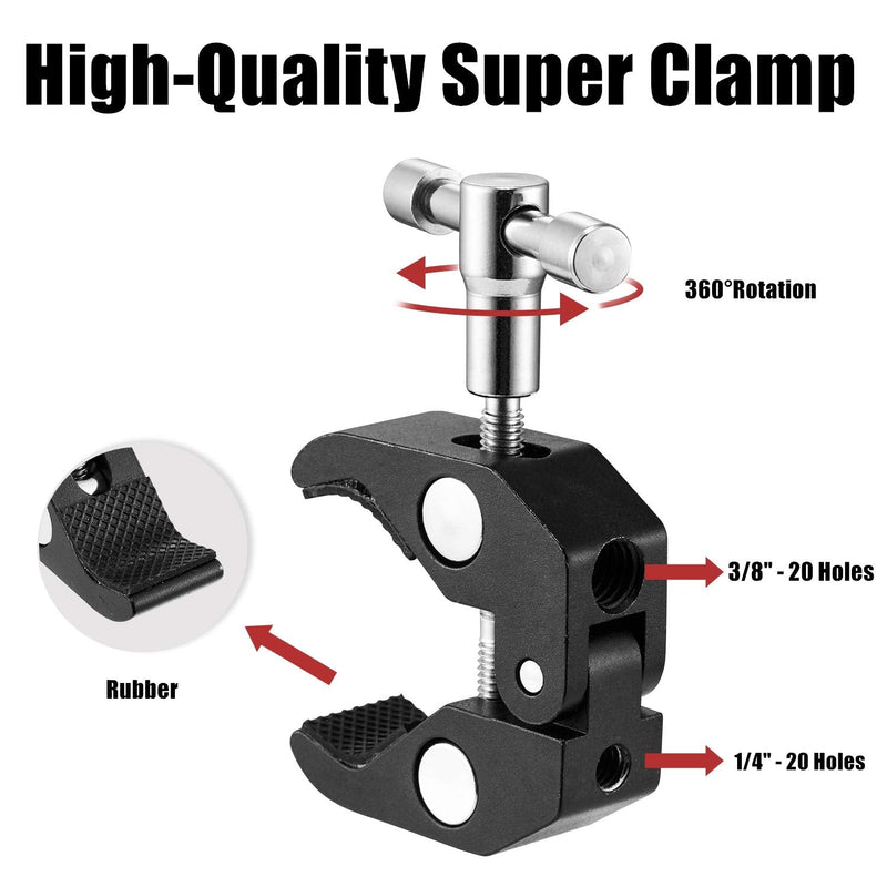 WANBY Double Ballhead Magic Arm Camera Clamp Mount Monitor Mount Bracket with Super Clamp with 1/4" and 3/8" Thread for DSLR Camera Rig, LCD Monitor, LED Flash Lights