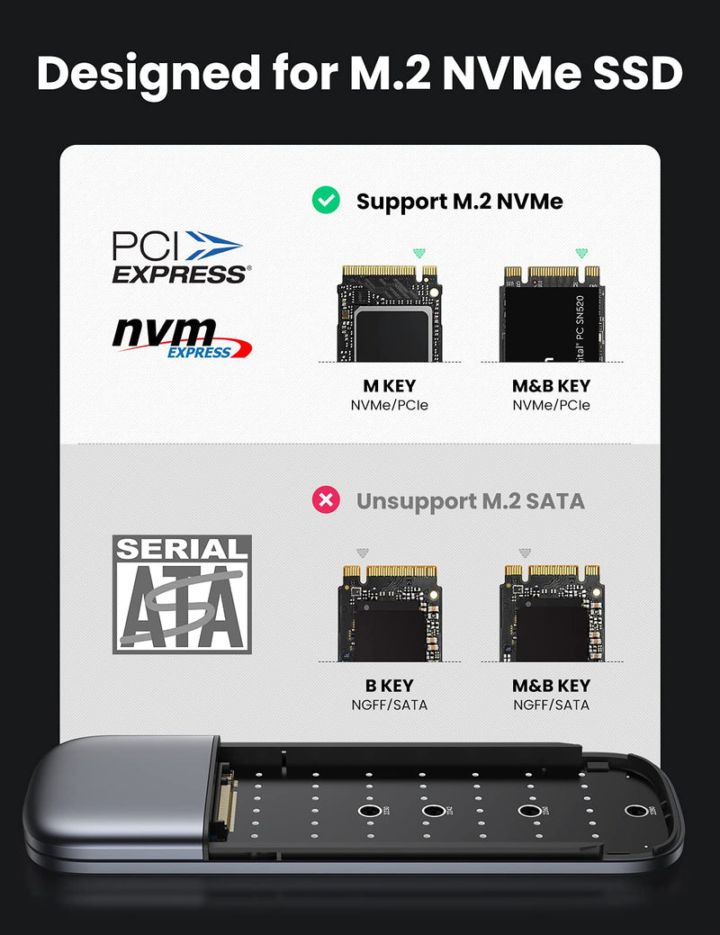 UGREEN M.2 NVMe SSD Enclosure USB C 3.1 Gen 2 to M-Key M&B-Key NVMe PCIe 10Gbps External Enclosure Thunderbolt 3 Compatible with MacBook Pro WD Samsung Toshiba 2230 2242 2260 2280 NVMe PCIe SSD