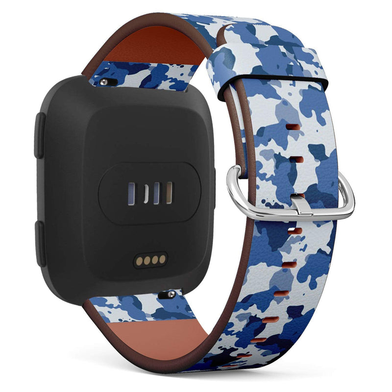 Compatible with Fitbit Versa, Versa 2, Versa Lite, Leather Replacement Bracelet Strap Wristband with Quick Release Pins // Blue Camo
